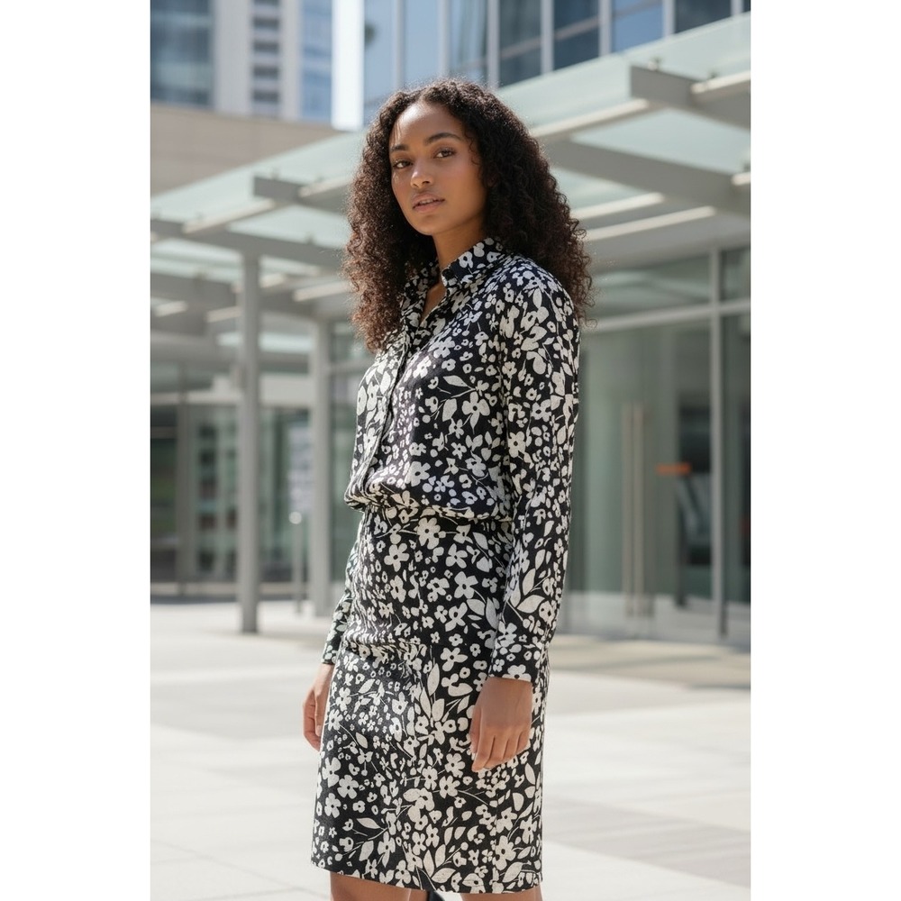 Liz Claiborne‎ Silk Skirt Suit Womens Black White Floral Jacquard Vintage Set